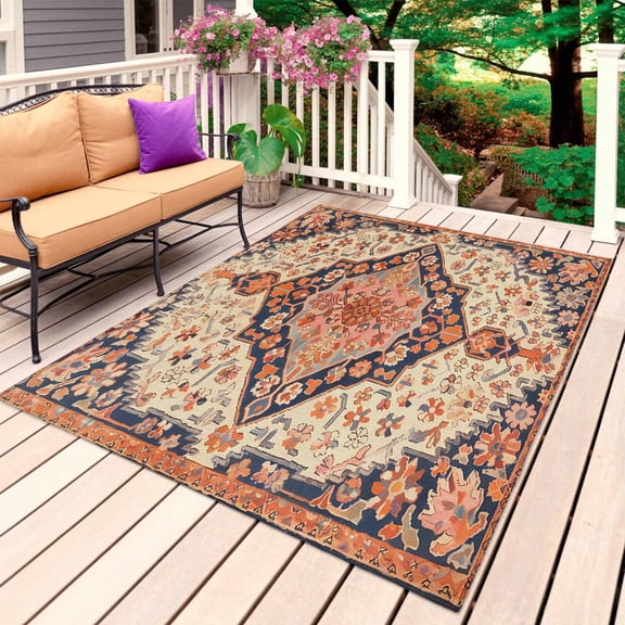 Boho Southwest Outdoor Rug 5x8 Ft, Non Slip Washable Area Rug, Retro Farmhouse Aztec Tribal Geometric Patio Rugs Carpet Runner, Large Floor Mat for Indoor/Outdoor Deck Porch Camping