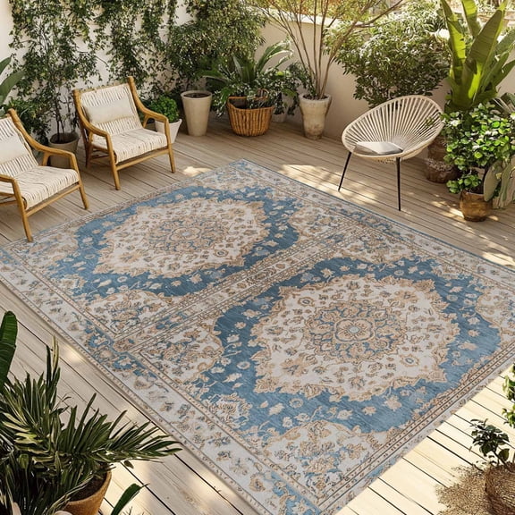 Boho Southwest Outdoor Rug 5x8 Ft - Reversible Patio Rug Outdoor Camping Rugs, Farmhouse Aztec Tribe Ethnic Motifs Washable Indoor Outdoor Area Rugs, Non-Slip Outdoor Carpet Runner for Deck/Porch