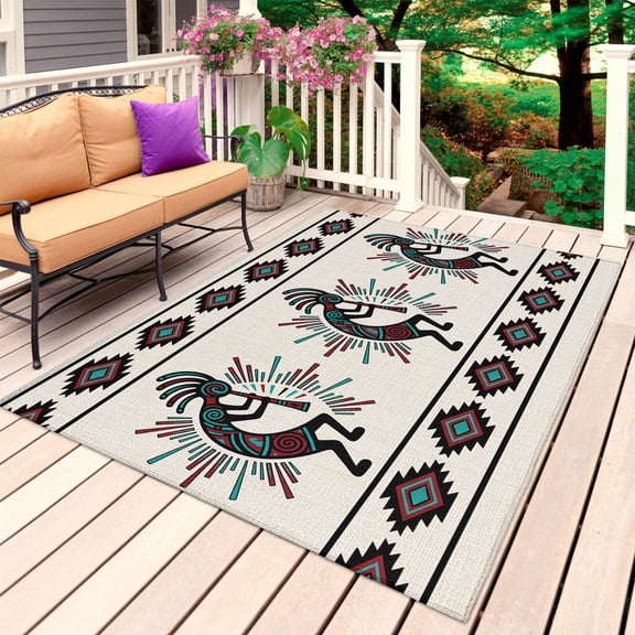 Boho Southwest Outdoor Rug for Patio/Deck/Porch, Non-Slip Large Area Rug 6 x 9 Ft, Aztec Ethnic Native Human Ethnic Plaid Indoor Outdoor Rugs Washable Area Rugs, Reversible Camping Rug Carpet Runner
