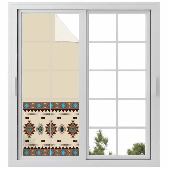 Boho Southwest Privacy Window Film, Decorative Frosted Glass Window Film, Farmhouse Aztec Tribe Brown Blue Plaid Reusable Peel and Stick Static Cling for Home Bathroom Office Glass Door 29.5"x78.7"