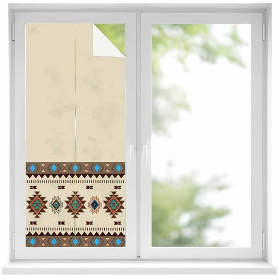 Boho Southwest Privacy Window Film, Decorative Frosted Glass Window Film, Farmhouse Aztec Tribe Brown Blue Plaid Reusable Peel and Stick Static Cling for Home Bathroom Office Glass Door 17.7"x39.3"