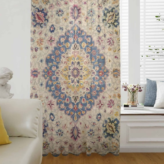 Boho Southwest Semi Sheer Curtains Drapes for Living Room, Bedroom, French Doors Window 72 Inches Long, Vintage Country Ethnic Nation Motifs Rod Pocket Chiffon Curtain Drapery Voile Draperies Panel