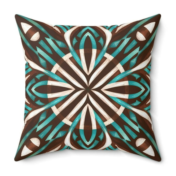 Boho Southwest Spun Polyester Square Pillow, Eclectic Home Decor, Turquoise Brown White, Throw Pillow