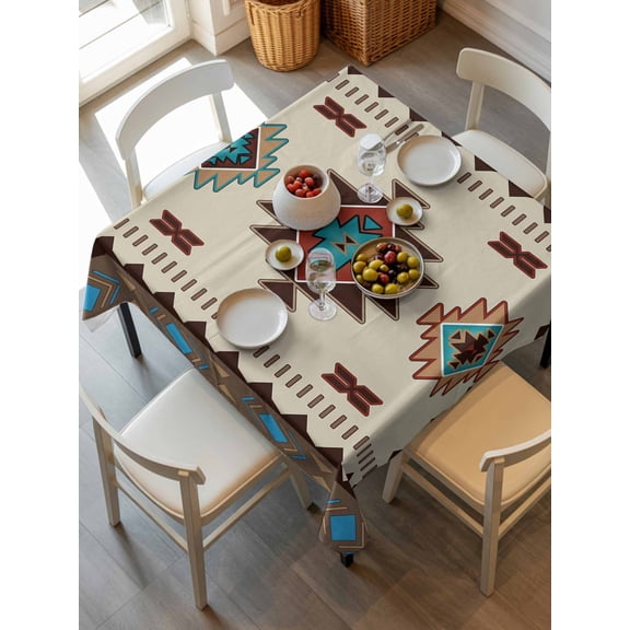 Boho Southwest Tablecloth Square Table Cloth 54x54, Waterproof Tablecloth Outdoor Table Cloth, Farmhouse Aztec Tribe Brown Blue Plaid Washable Table Cover for Kitchen Dinning Party
