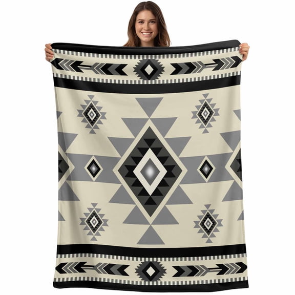 Boho Southwest Throw Blankets, Aztec Tribal Retro Geometric Patterns Soft Fleece Blanket Decorative for Home Sofa Couch Chair Living Bedroom, 30x40 Inches, Gray