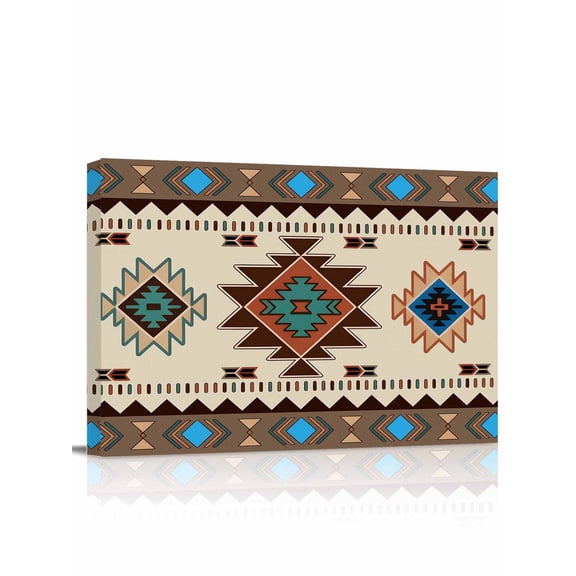Boho Southwest Wall Art for Living Room,Canvas Picture Wall Decor for Bathroom Bedroom,Farmhouse Aztec Tribe Brown Blue Plaid Painting Artwork for Office Kitchen Hallway Dining Room Decor 12"x16"