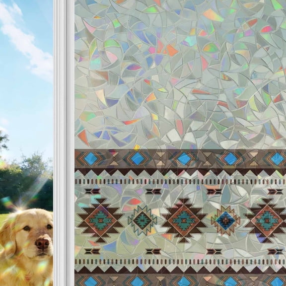 Boho Southwest Window Privacy Film Stain Glass,Reusable Decorative Rainbow Window Film,Farmhouse Aztec Tribe Brown Blue Plaid Static Cling Sun Blocking Stickers Decals Covers 17.7" x 78.7" (2pcs)