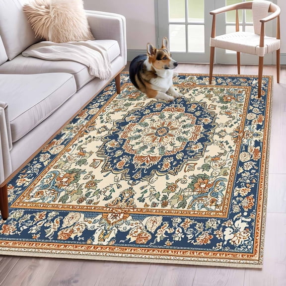 Boho Southwestern Area Rug 3x5 Washable Rug Non Slip Heritage Antique Country Blue Large Area Rug Indoor Floor Carpet for Entryway Bedroom Kitchen Living Room Home Office Dining Room Nursery