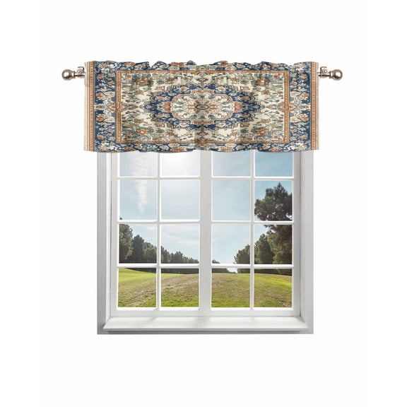 Boho Southwestern Curtain Valance for Windows/Living Room/Kitchen/Bathroom/Café, Short Rod Pocket Tier Curtain Window Treatment Panel Heritage Antique Country Blue Topper Curtain 60''x18''
