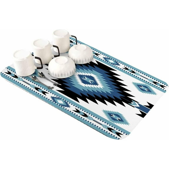 Boho Southwestern Dish Drying Mat for Kitchen Counter, Absorbent Quick Dry Coffee Bar Mat Pad Thin Diatomaceous Sink Mat Dish Drainer Mat 23.5x15.5 Blue White Vintage Ethnic Tribe Geometric Texture