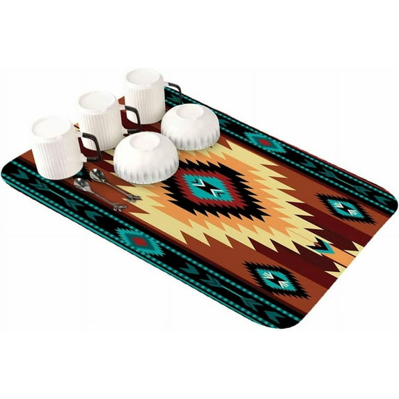 Boho Southwestern Dish Drying Mat for Kitchen Counter, Absorbent Quick Dry Coffee Bar Mat Pad Thin Diatomaceous Sink Mat Dish Drainer Mat 23.5x15.5 Teal Brown Vintage Ethnic Tribe Geometric Texture