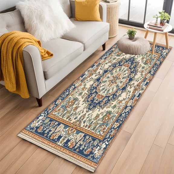 Boho Southwestern Kitchen Runner Rug 2x6 Washable Runners for Hallway Non Slip Heritage Antique Country Blue Large Area Rug Indoor Floor Carpet for Bathroom Laundry Entryway Bedroom Living Room