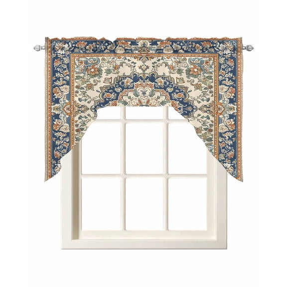 Boho Southwestern Kitchen Swag Valances for Windows, Heritage Antique Country Blue Swag Valances Curtains for Living Room, Rod Pocket Window Treatments for Bathroom, Bedroom, Cafe, 56"x36"