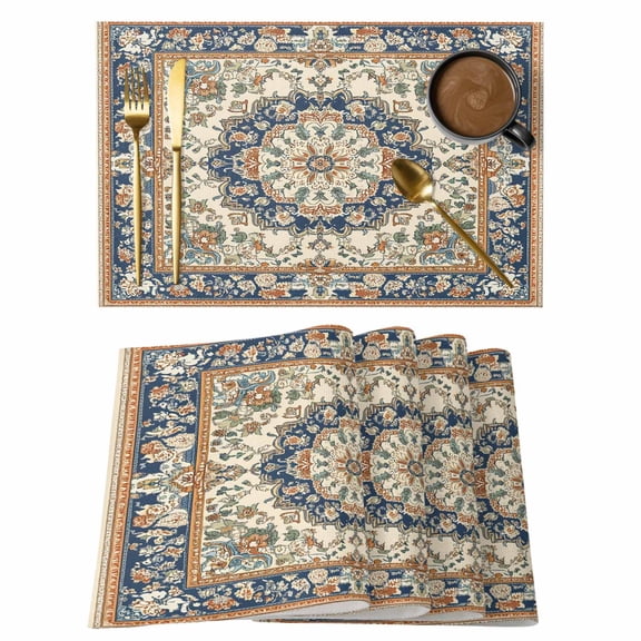 Boho Southwestern Placemats Set of 4 Heritage Antique Country Blue Place Mats Indoor Wipeable Table Mats Washable Cloth Dining Table Placemats for Kitchen Holiday Party Home Decor 13x19 Inch