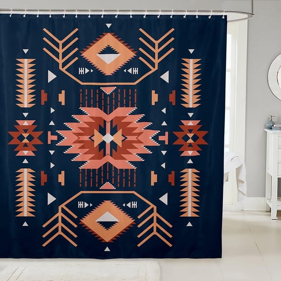 Boho Southwestern Shower Curtain Navy Blue and Terracotta Geometric Aztec Tribal Bathroom Decor with 12 Hooks 71x71 inches