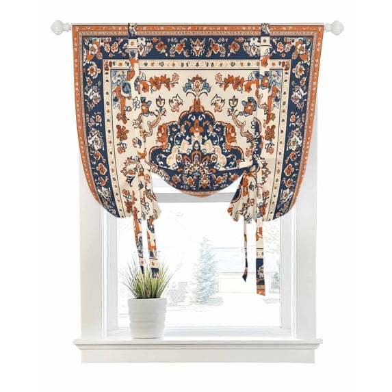 Boho Southwestern Tie Up Curtains for Window, Thermal Insulated Balloon Shade Adjustable Rod Pocket Curtains Valance Panels for Kitchen Bathroom Cafe 34 x 45 Orange Blue Traditional Ethnic Classical