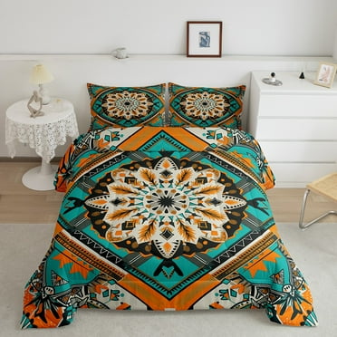 Boho Southwestern Bedding Set,Southwest Aztec Tribal Exotic Comforter Set Room Decor,Teal Orange Western Bohemian Quilt Bed Set Geometric Down Comforter 2Pcs