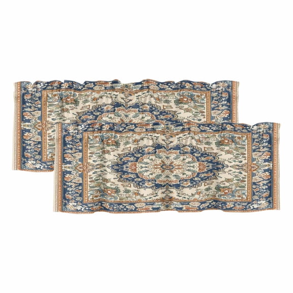 Boho Southwestern Valances for Windows, Decorative Rod Pocket Window Valance Curtains, Heritage Antique Country Blue Short Curtain Drapes for Kitchen/Bathroom/Living Room, 2 Panels, 42" W x 12" L