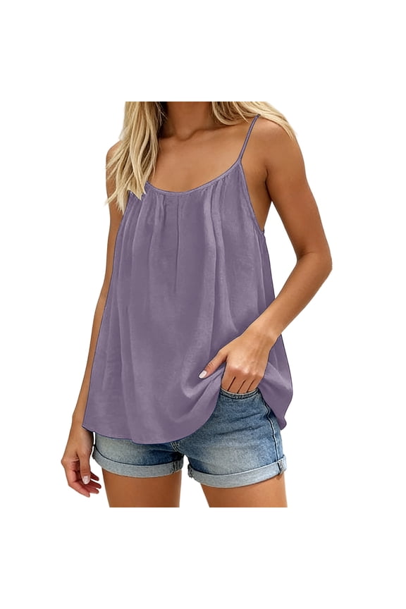Boho Spaghetti Strap Cami Tops Womens Ruched Loose Fitting Flowy Casual Backless Blouse Tank for Summer Purple S