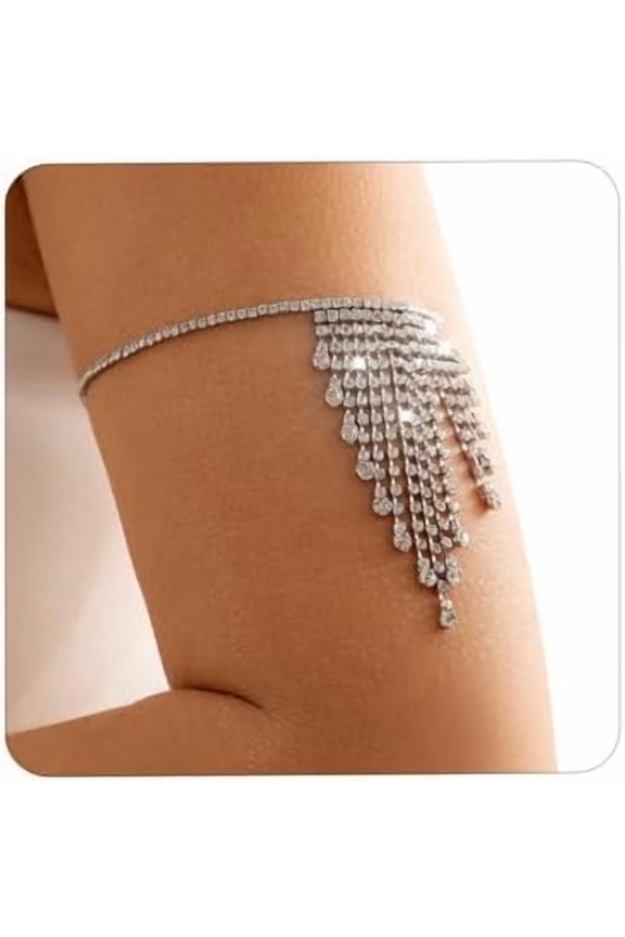Boho Sparkly Crystal Tassel Arm Cuff Silver Upper Armlet Open Rhinestone Thin Armband Beach Bracelet Jewelry Costume Accessories for Women