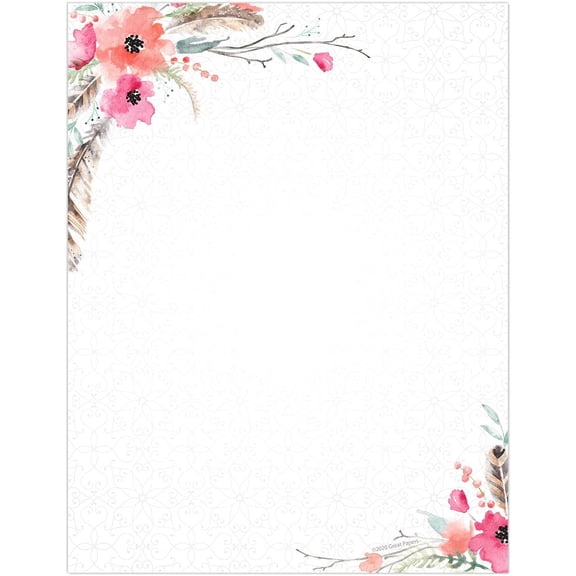 Boho Spirit Letterhead / 80 Sheets Watercolor Floral Arrow Letter Paper / 8.5" x 11" Baby Shower Bridal Shower Stationery