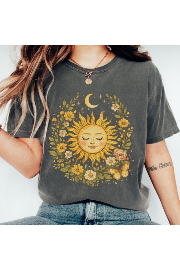 Boho Spiritual Sun Celestial Graphic Tee, Retro Hippie Vintage Aesthetic Design Comfort Colors Unisex Cotton T-Shirt, Size S-3XL