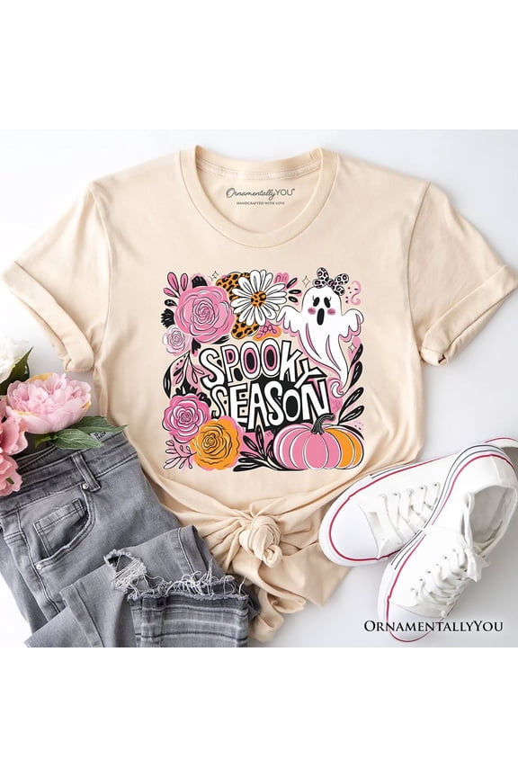 Boho Spooky Season Ghost T-Shirt, Cute Halloween Tee with Fall Pumpkins