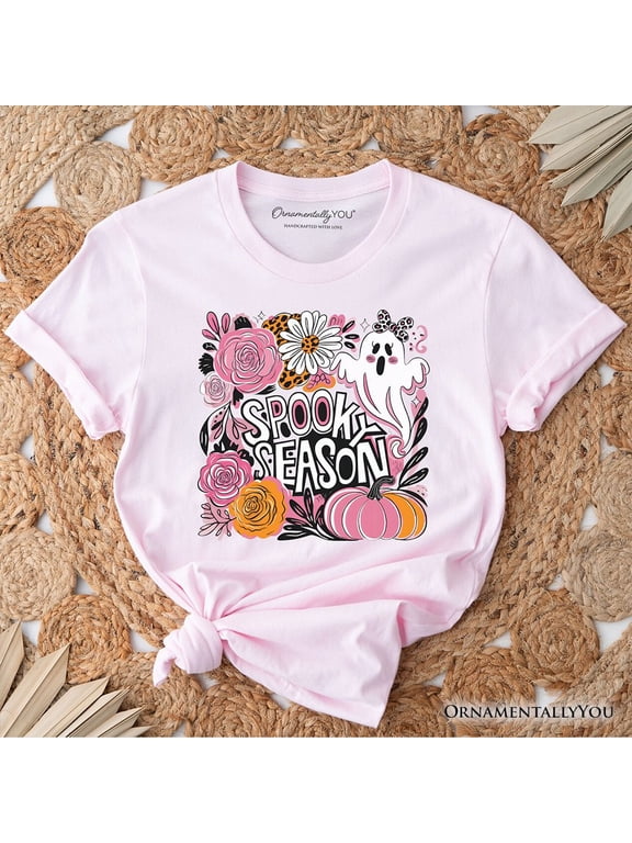 Boho Spooky Season Ghost T-Shirt, Cute Halloween Tee with Fall Pumpkins