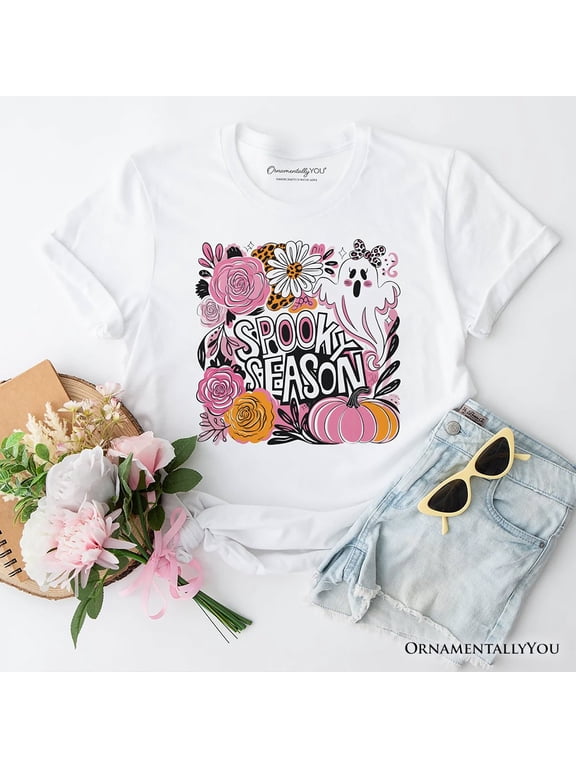 Boho Spooky Season Ghost T-Shirt, Cute Halloween Tee with Fall Pumpkins