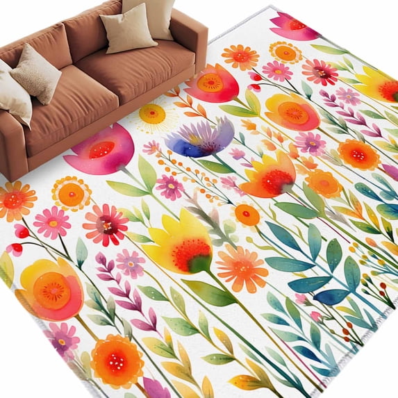 Boho Spring Area Rug 8x10ft Watercolor Colorful Flowers Leaves Non-Slip ...