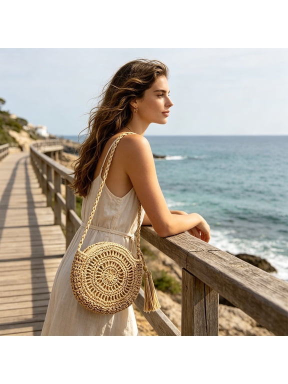 Boho Spring Crossbody Shoulder Bag for Women - Straw Bohemian Style Beach Purse with Tassel - Small Natural Beige Woven Ladies Handbag for Festival, Rave, Travel, Spring Summer Vacation, 2026