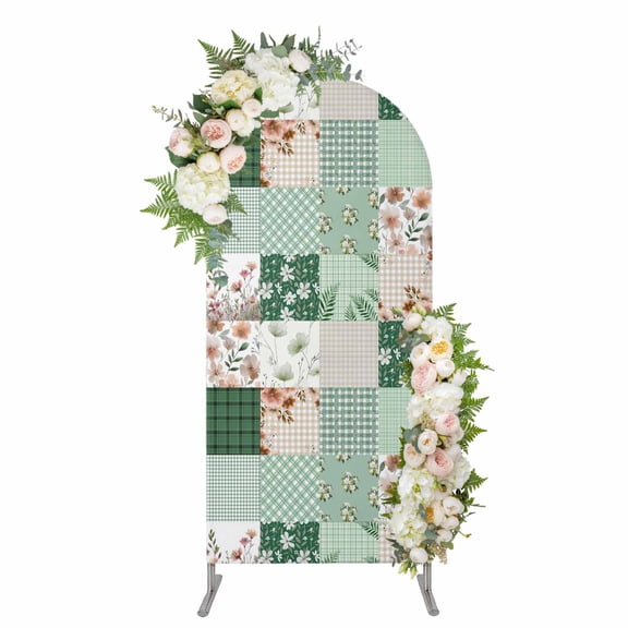 Boho Spring Floral Arch Backdrop Cover 4FT, Retro Flowers Plants Patchwork Grid Green Spandex Fitted Stretchy Arch Stand Covers, Round Top Chiara Backdrop Cover for Wedding Party Birthday Baby Shower