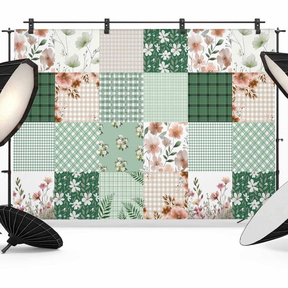 Boho Spring Floral Backdrop for Photoshoot,Photography Photo Studio Background Wall Backdrop,Retro Flowers Plants Patchwork Grid Green Back Drop Banner Panel for Portraits Wedding Party 7x5Ft