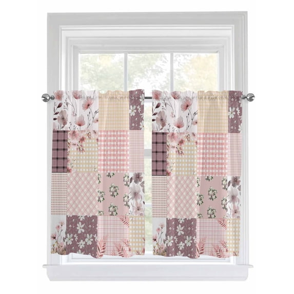 Boho Spring Floral Bathroom Window Curtain, Vintage Flowers Patchwork Plaid Pink Light Filtering Coffee Kitchen Curtains, Bedroom Living Room Curtains 2 Panel 84"x45"