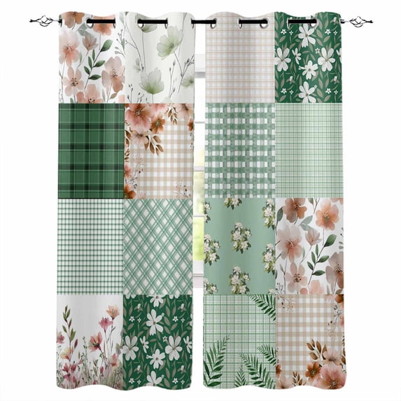 Boho Spring Floral Blackout Curtains for Bedroom/Living Room, Thermal Insulated Kitchen Curtains, Retro Flowers Plants Patchwork Grid Green Grommet Darkening Window Treatment Drapes 42"x63"x2