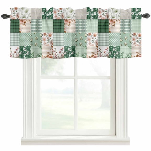 Boho Spring Floral Farmhouse Short Window Curtain Valances, Retro Flowers Plants Patchwork Grid Green Rod Pocket Kitchen Valances for Living Room Bedroom Bathroom Cafe 54" x 18"
