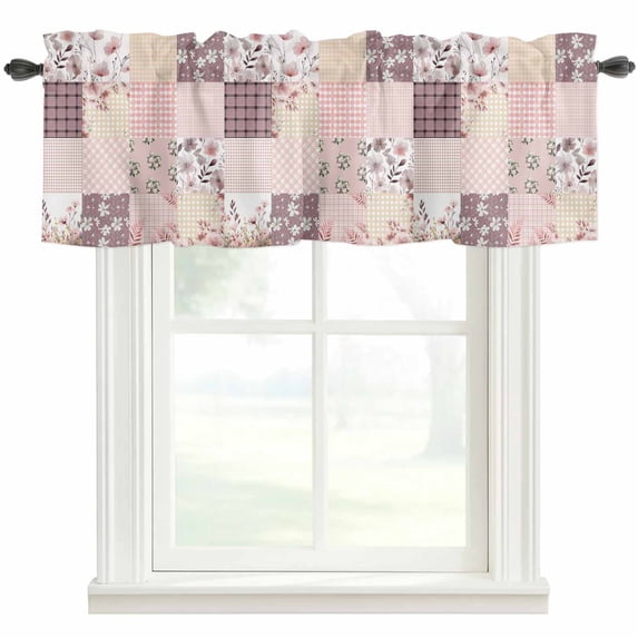Boho Spring Floral Farmhouse Short Window Curtain Valances, Vintage Flowers Patchwork Plaid Pink Rod Pocket Kitchen Valances for Living Room Bedroom Bathroom Cafe 54" x 18"