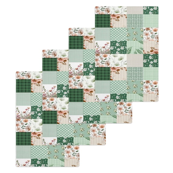 Boho Spring Floral Kitchen Dish Towels for Drying Dishes Set of 4, Retro Flowers Plants Patchwork Grid Green Waffle Weave Microfiber Hand Tea Bathroom Towels Quick Dry & Absorbent Towel 15.7x23.6