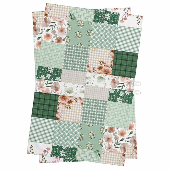 Boho Spring Floral Kitchen Towels Set of 2, Water Absorbent Dish Towel, Retro Flowers Plants Patchwork Grid Green Decorative Hand Towels - Quick Drying Cloth for Cooking Baking, 18x28 Inch