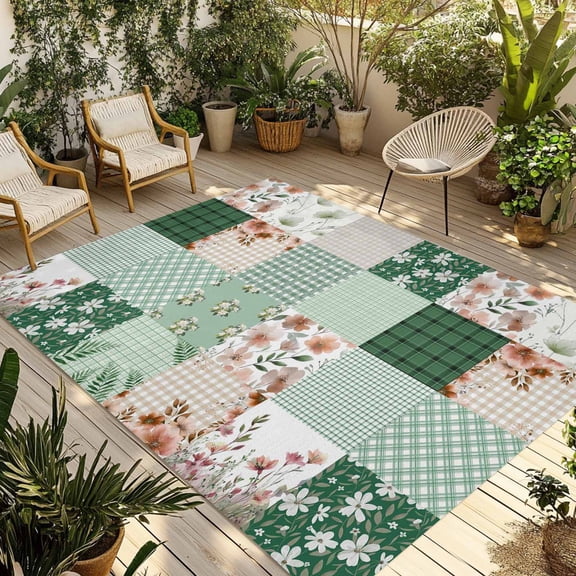 Boho Spring Floral Outdoor Rug 4x6 Ft - Reversible Patio Rug Outdoor Camping Rugs, Retro Flowers Plants Patchwork Grid Green Indoor Outdoor Area Rugs, Non-Slip Outdoor Carpet Runner for Deck/Porch