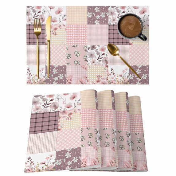 Boho Spring Floral Placemats Set of 6, Vintage Flowers Patchwork Plaid Pink Placemats for Dining Table, Place Mats for Kitchen Tabletop, Waterproof Wipeable Dining Table Mats Set