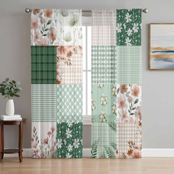 Boho Spring Floral Sheer Curtains 108 Inch Length 2 Panels Set Window Treatments, Retro Flowers Plants Patchwork Grid Green Rod Pocket Semi Curtains for Living Room/Bedroom/Kitchen, 104"W x 108"L
