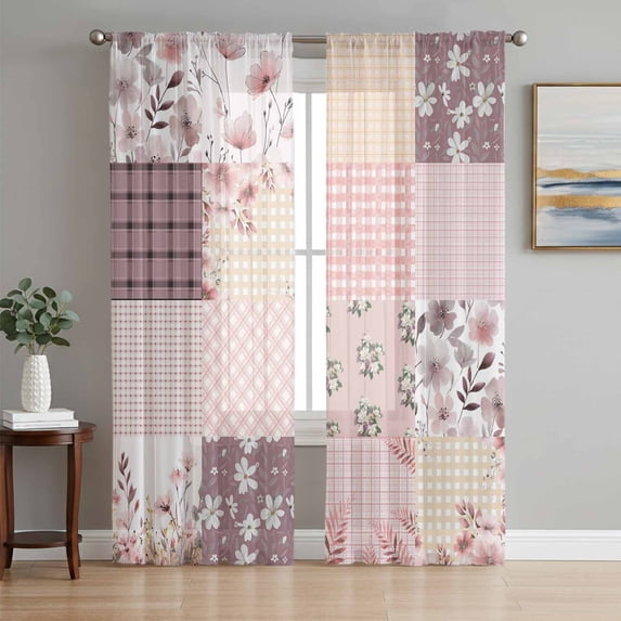 Boho Spring Floral Sheer Curtains 72 Inch Length 2 Panels Set Window Treatments, Vintage Flowers Patchwork Plaid Pink Rod Pocket Semi Curtains for Living Room/Bedroom/Kitchen Décor, 104"W x 72"L
