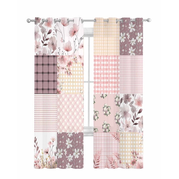 Boho Spring Floral Sheer Curtains 84 Inch Length 2 Panels Set for Living Room/Bedroom, Vintage Flowers Patchwork Plaid Pink Kitchen Curtains Grommet Semi-Sheer Curtains Window Treatments 52"x84"x2