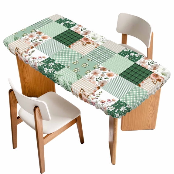 Boho Spring Floral Table Cloths for 3 Foot Rectangle Tables, Retro Flowers Plants Patchwork Grid Green Patio Waterproof Elastic Fitted Tablecloths, Washable Rectangular Table Cover for Camping