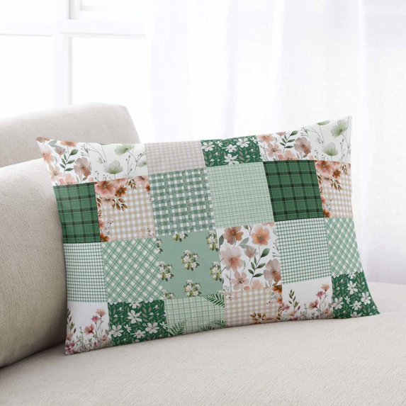 Boho Spring Floral Throw Pillow Covers, Retro Flowers Plants Patchwork Grid Green Soft Breathable Pillow Cases with Invisible Zipper, Small Pillowcases for Couch Bed Sofa Chair 16x24 Inches
