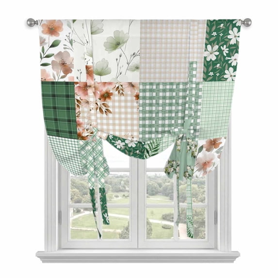 Boho Spring Floral Tie Up Curtains 45 Inches Long, Kitchen Window Curtains Over Sink, Retro Flowers Plants Patchwork Grid Green Small Window Curtains Balloon Curtains Valances for Bedroom 34"x45"