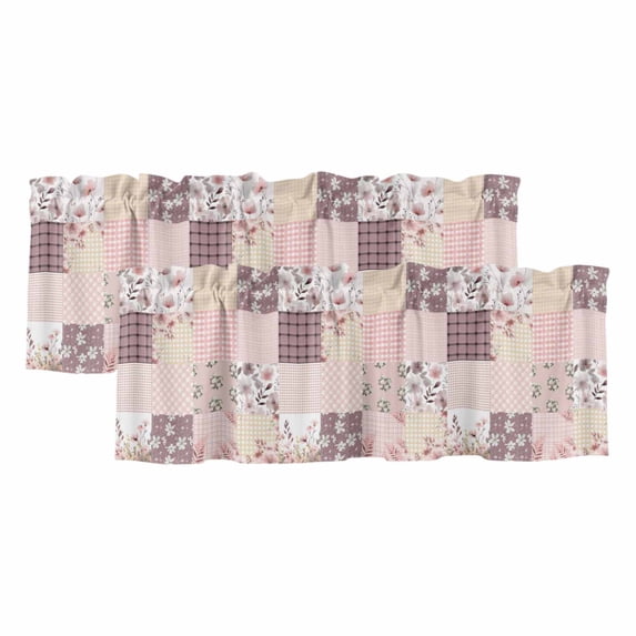 Boho Spring Floral Valances for Windows, Decorative Rod Pocket Window Valance Curtains, Vintage Flowers Patchwork Plaid Pink Short Curtain Drapes for Kitchen/Living Room, 2 Panels, 60" W x 18" L