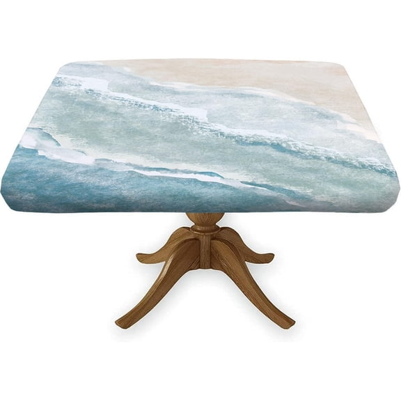 Boho Square Table Cloth Cover, Sea Beach with Waves Print Elastic Waterproof Fitted Table Covers, for Outdoor Indoor, Waterproof Wipeable Table Cover, Fits Tables up to 36" Square