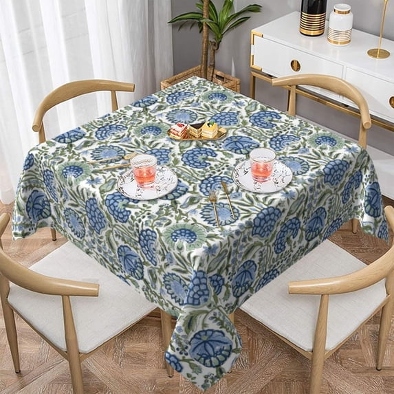 Boho Square Tablecloth 60x60 Inch Blue Green Vintage Floral Table Cloth Chinoiserie Flower Spring Summer Table Covers Polyester Indoor Outdoor Farmhouse Tablecloths for Kitchen Dining Party